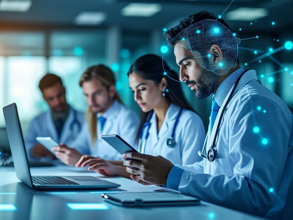 A diverse team of healthcare professionals use digital devices in a high-tech office, symbolizing modern telemedicine and global connectivity.